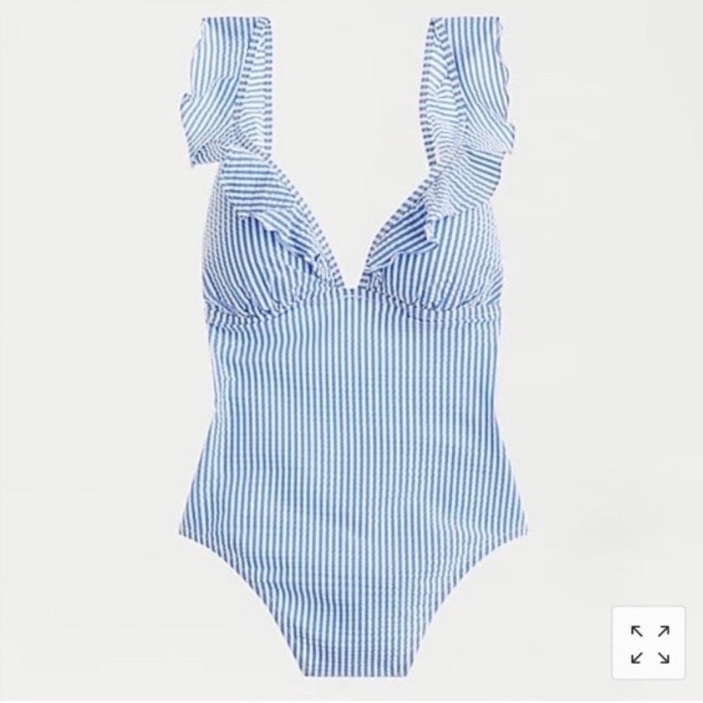 NWT J. Crew v-neck ruffle seersucker Striped Blue & White One Piece suit size 14